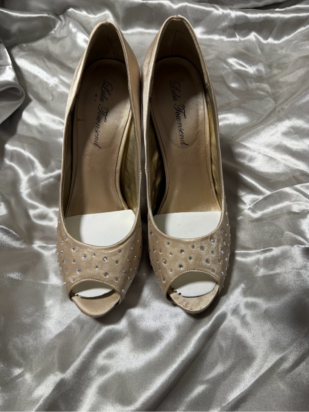 Lulu Townsend Champagne Satin Rhinestone Peep Toe Pumps Evening Heels Size 8.5